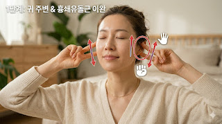 1단계 귀 주변 및 흉쇄유돌근 이완 마사지 방법 안내. 편안한 침실 배경에서 East Asian 여성이 양손 손가락을 V자로 만들어 귀 사이에 끼우고 위아래로 마사지하는 동작. 리프팅 방향을 보여주는 붉은색 화살표와 손 모양 아이콘이 포함된 960x540 비율의 고화질 정보 이미지.
