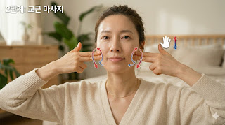 2단계 사각턱 교근 마사지 방법 안내. 깨끗한 피부의 East Asian 여성이 크림색 니트를 입고 양손 손가락 끝으로 사각턱 부위의 단단한 교근을 지긋이 누르며 앞뒤로 굴리는 동작. 근육 이완 방향을 시각화한 화살표 가이드가 포함된 960x540 비율의 이미지.