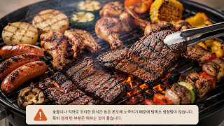 숯불과 직화로 조리한 바비큐 음식과 검게 탄 고기 모습