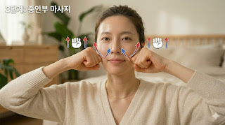 3단계 중안부 및 광대 처짐 개선 마사지 방법 안내. East Asian 여성이 편안한 표정으로 콧망울 옆 팔자주름 시작점을 손가락으로 누른 뒤 광대뼈 라인을 따라 바깥쪽 위로 밀어 올리는 리프팅 동작. 붉은색 화살표와 주먹 모양 아이콘이 포함된 정보용 일러스트 이미지.