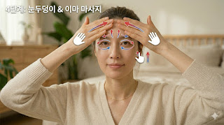 4단계 눈두덩이 및 이마 주름 예방 마사지 방법 안내. 여성이 양손을 눈썹 뼈와 이마 중앙에 대고 헤어라인 위쪽 방향으로 지긋이 밀어 올리는 리프팅 지압 동작. 상향 리프팅 방향을 명확하게 보여주는 화살표와 손바닥 아이콘 가이드가 포함된 고화질 이미지
