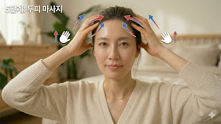 5단계 두피 근막 리프팅 마사지 방법 안내. East Asian 여성이 양손 손가락 끝을 머리카락 속 두피에 밀착시키고 정수리 방향으로 강력하게 움켜쥐며 밀어 올리는 동작. 측두엽 전체의 당김 방향을 보여주는 적색 및 청색 화살표와 움켜쥐는 손 모양 아이콘이 매칭된 960x540 이미지