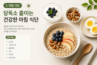 오트밀, 그릭요거트, 블루베리, 견과류, 삶은 달걀로 구성한 당독소 줄이기 아침 식단