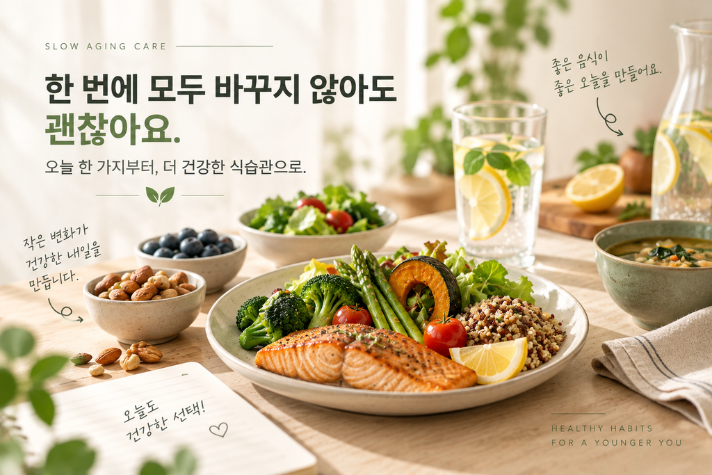 채소, 연어, 통곡물, 견과류 등 자연식품으로 건강한 식습관을 실천하는 당독소 관리 식단