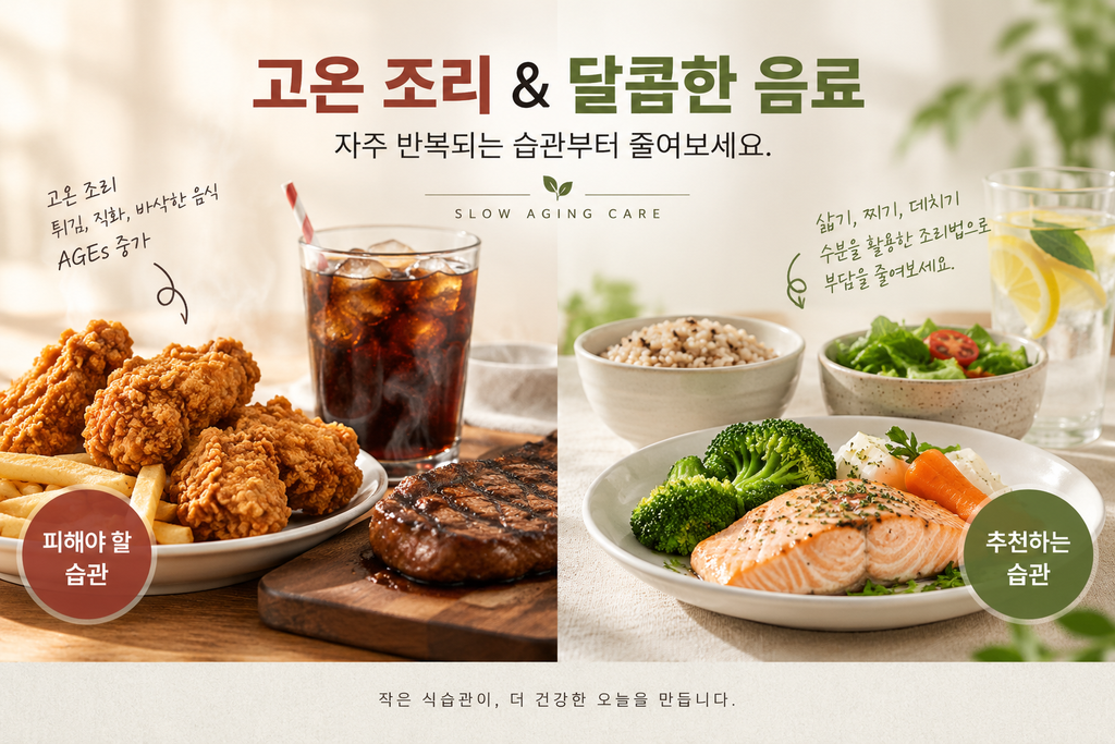 고온 조리와 달콤한 음료를 줄이고 삶기와 찌기 등 건강한 조리법을 선택하는 당독소 관리 식습관