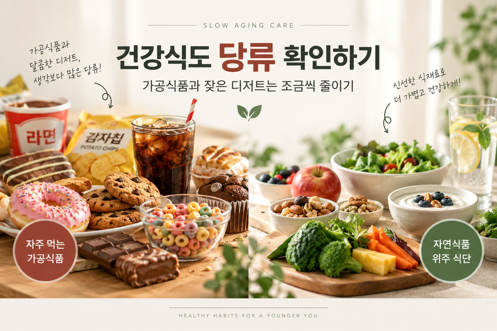 가공식품과 잦은 디저트의 당류를 확인하고 채소, 과일, 견과류 등 자연식품을 선택하는 당독소 관리 식습관
