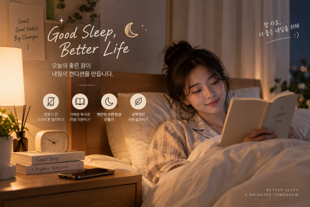 잠들기 전 스마트폰을 내려놓고 독서하며 휴식하는 모습