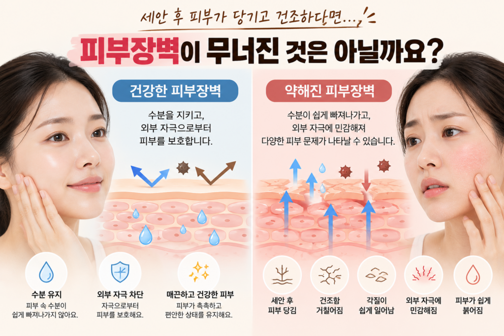 건강한 피부장벽과 약해진 피부장벽을 비교하고 세안 후 피부 당김, 건조함, 각질, 민감함 등의 변화를 보여주는 이미지