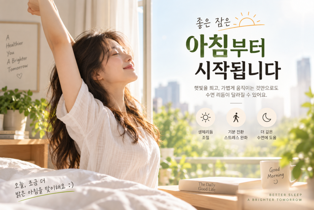 아침 햇빛을 받으며 스트레칭하는 건강한 수면 습관