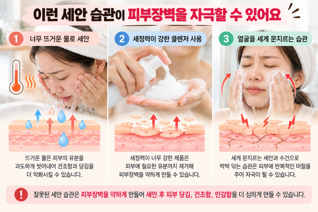 뜨거운 물 세안, 세정력이 강한 클렌저, 얼굴을 세게 문지르는 습관 등 피부장벽을 자극할 수 있는 세안 습관 3가지