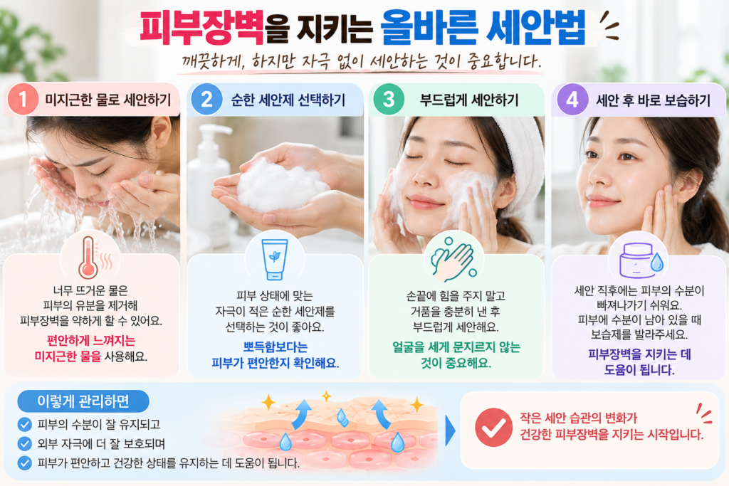 미지근한 물 사용, 순한 세안제 선택, 부드러운 세안, 세안 후 보습으로 피부장벽을 지키는 올바른 세안법 4단계