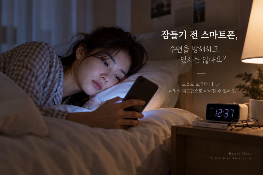 잠들기 전 침대에서 스마트폰을 사용하는 모습