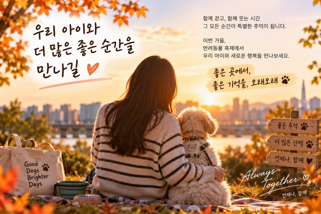 가을 공원에서 반려견과 함께 노을을 바라보며 나들이를 즐기는 모습