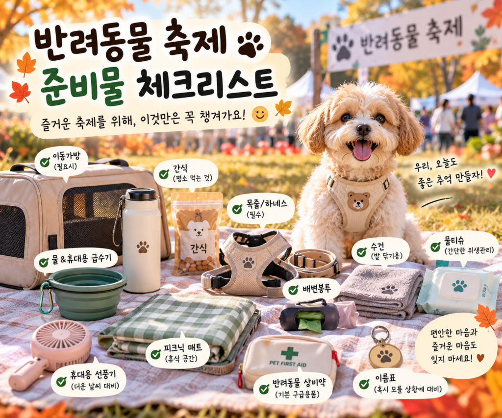 반려동물 축제 준비물인 물과 급수기, 목줄, 하네스, 배변봉투 등을 정리한 체크리스트