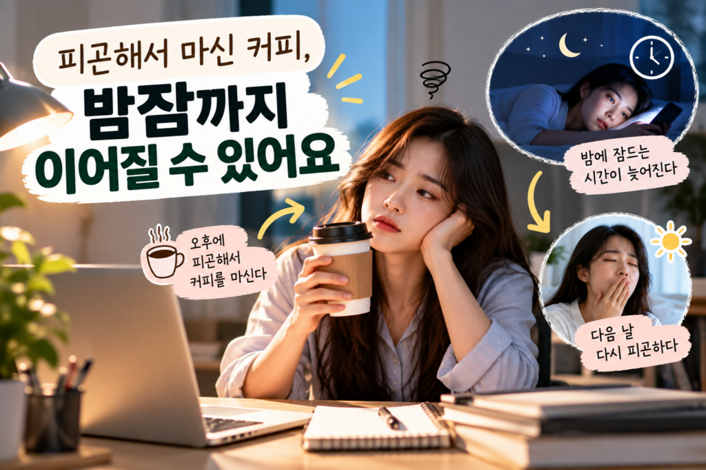 오후 피로로 마신 커피가 밤잠과 다음 날 피로에 영향을 주는 생활 패턴