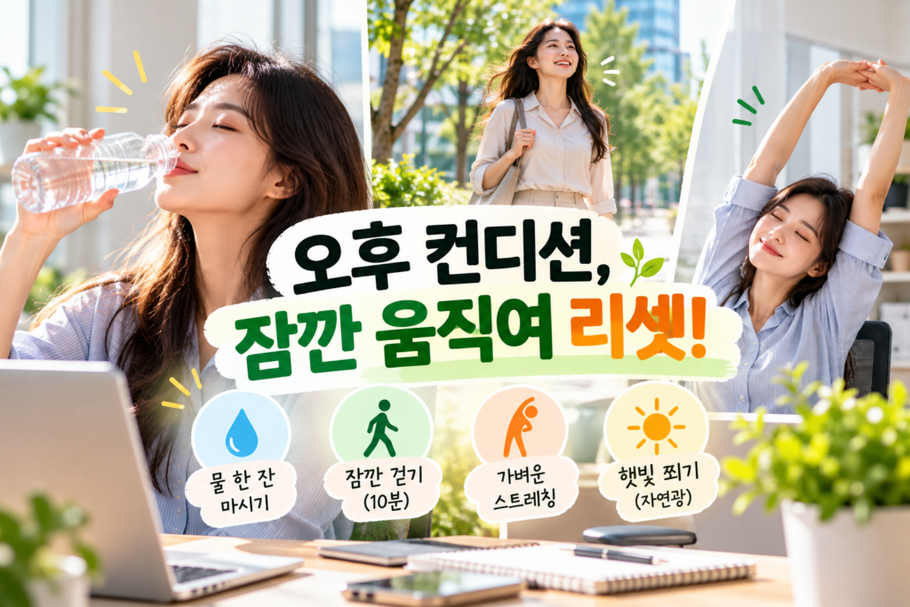 오후 피로회복을 위해 물을 마시고 걷기와 스트레칭을 하는 생활 습관