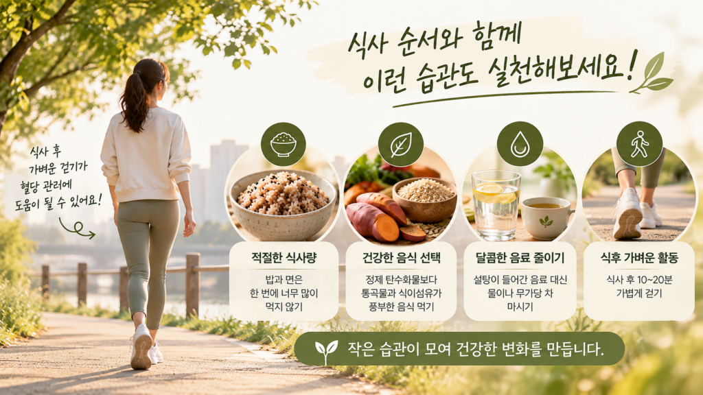 혈당 스파이크 관리를 위한 적절한 식사량, 통곡물 선택, 달콤한 음료 줄이기, 식후 10~20분 가벼운 걷기를 소개하는 이미지