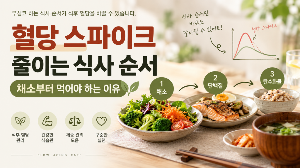 혈당 스파이크를 줄이는 식사 순서를 설명하는 이미지. 채소, 단백질, 탄수화물 순서로 구성된 식단과 식후 혈당 변화 그래프