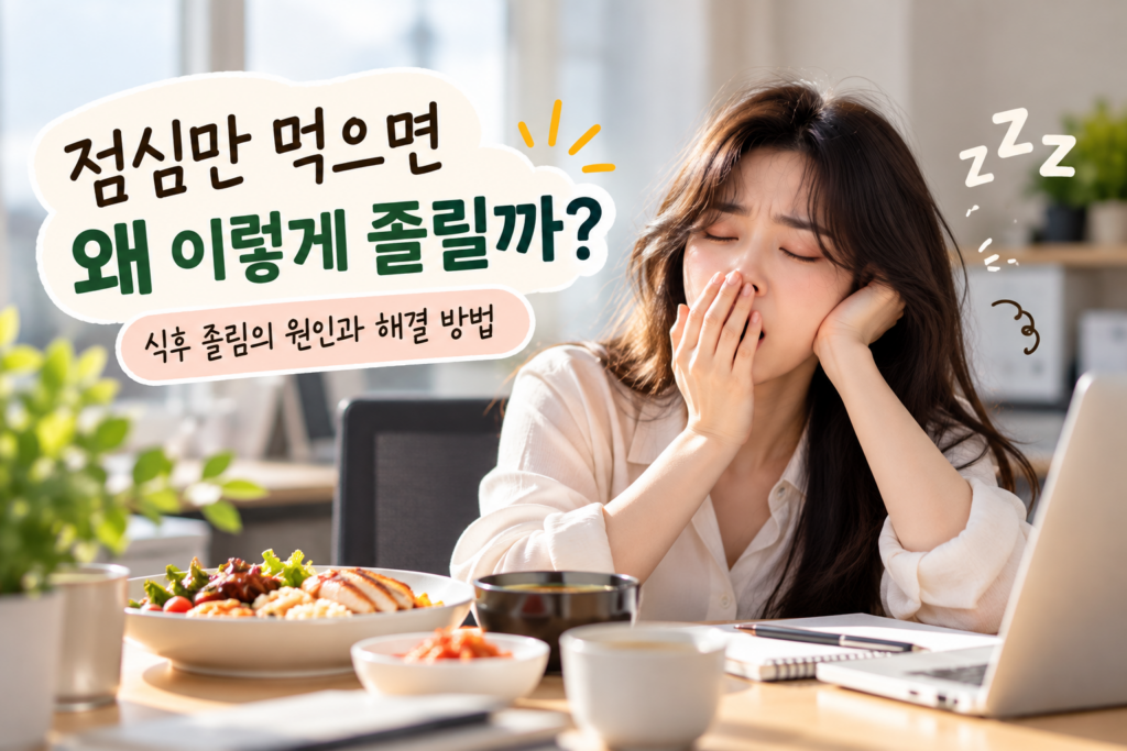 점심 식사 후 졸음을 느끼는 모습과 식후 졸림의 원인