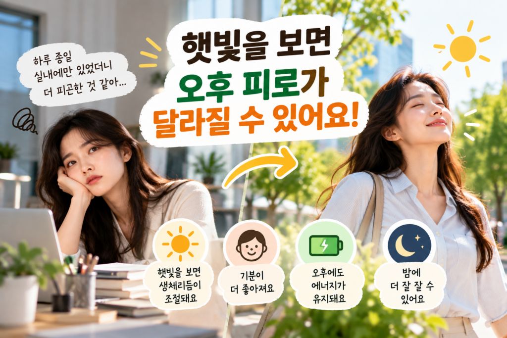 하루 종일 실내에 있다가 햇빛을 받으며 걸으며 오후 피로를 회복하는 모습