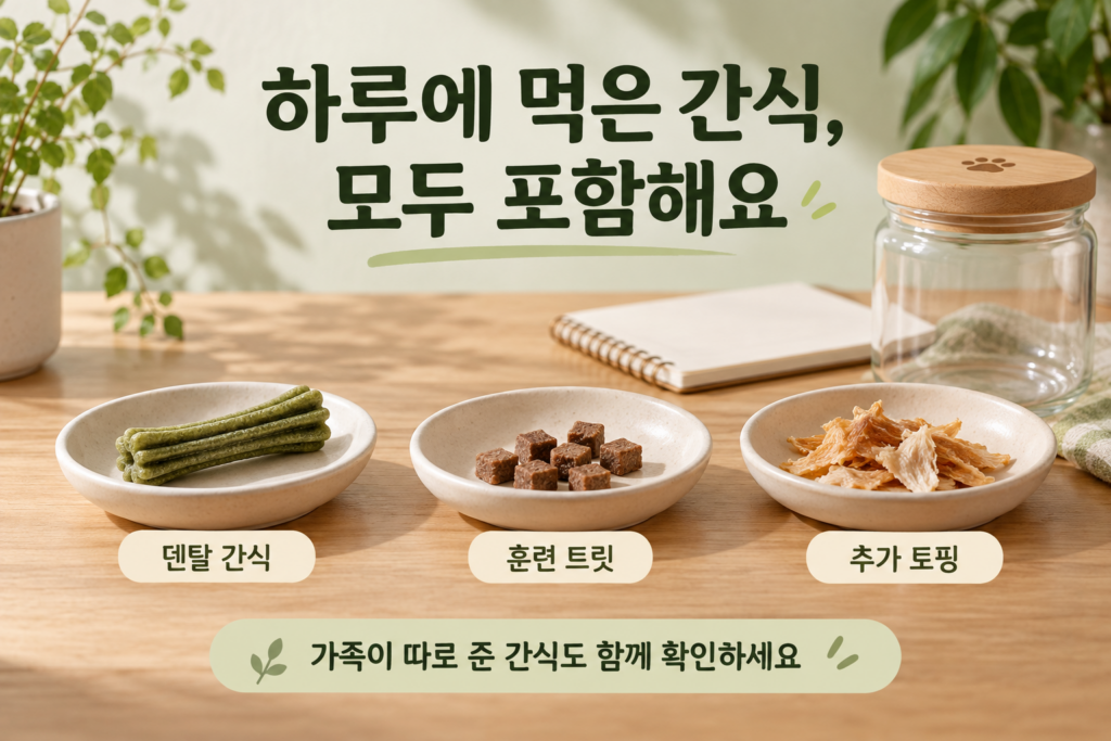 덴탈 간식, 훈련 트릿, 추가 토핑을 담은 세 접시와 가족이 준 간식도 함께 확인하라는 안내