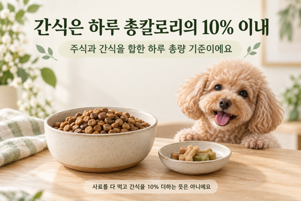 사료 그릇과 간식 접시 옆의 푸들, 간식을 하루 총칼로리의 10% 이내로 제한한다는 안내