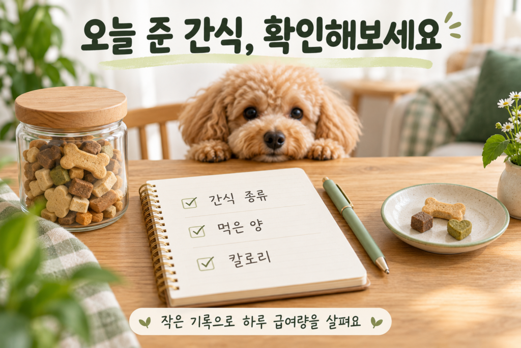 덴탈 간식, 훈련 트릿, 추가 토핑을 담은 세 접시와 가족이 준 간식도 함께 확인하라는 안내