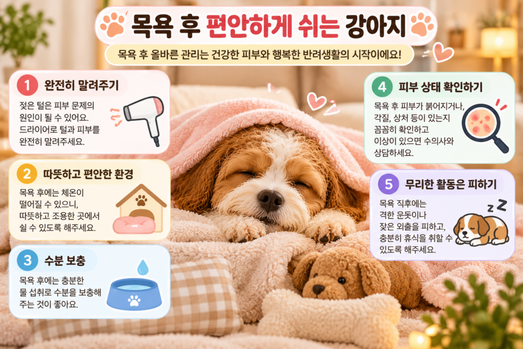목욕 후 수건을 덮고 편안하게 쉬는 강아지와 털 완전히 말리기, 따뜻한 환경, 수분 보충, 피부 상태 확인 등 목욕 후 관리 방법을 설명하는 이미지