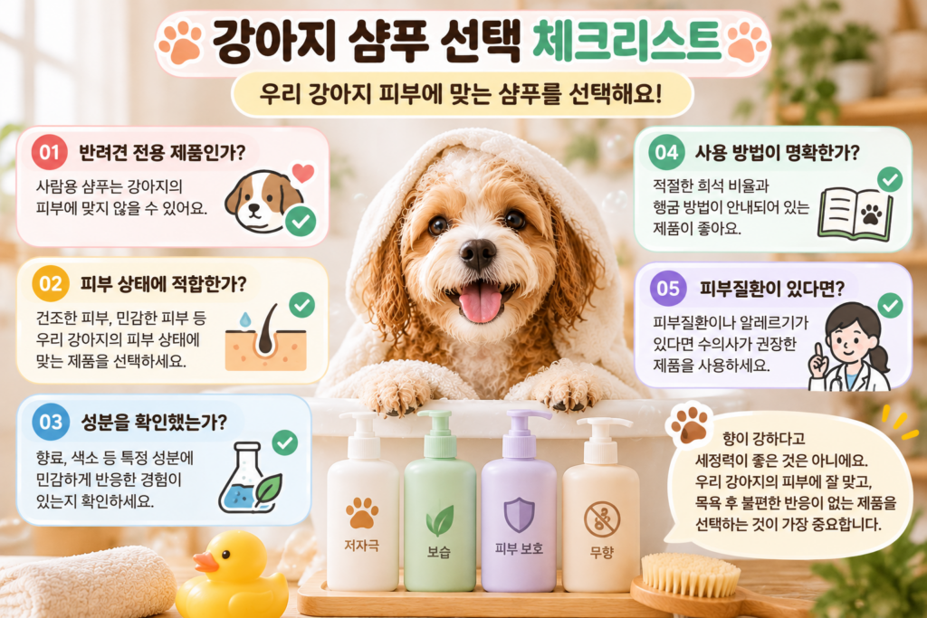 강아지 샴푸 선택 시 반려견 전용 제품 여부, 피부 상태, 성분, 사용 방법, 피부질환 여부를 확인하는 5가지 체크리스트 이미지