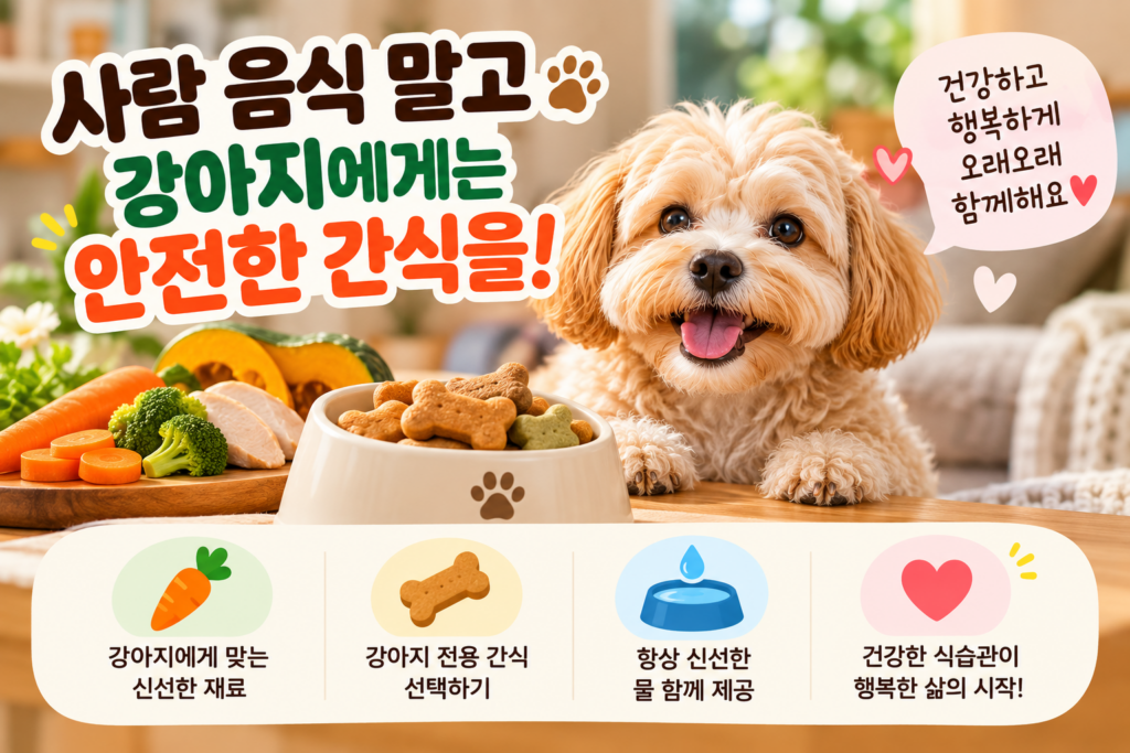 사람 음식 대신 강아지 전용 간식과 안전한 음식을 선택해 건강한 식습관을 만드는 모습
