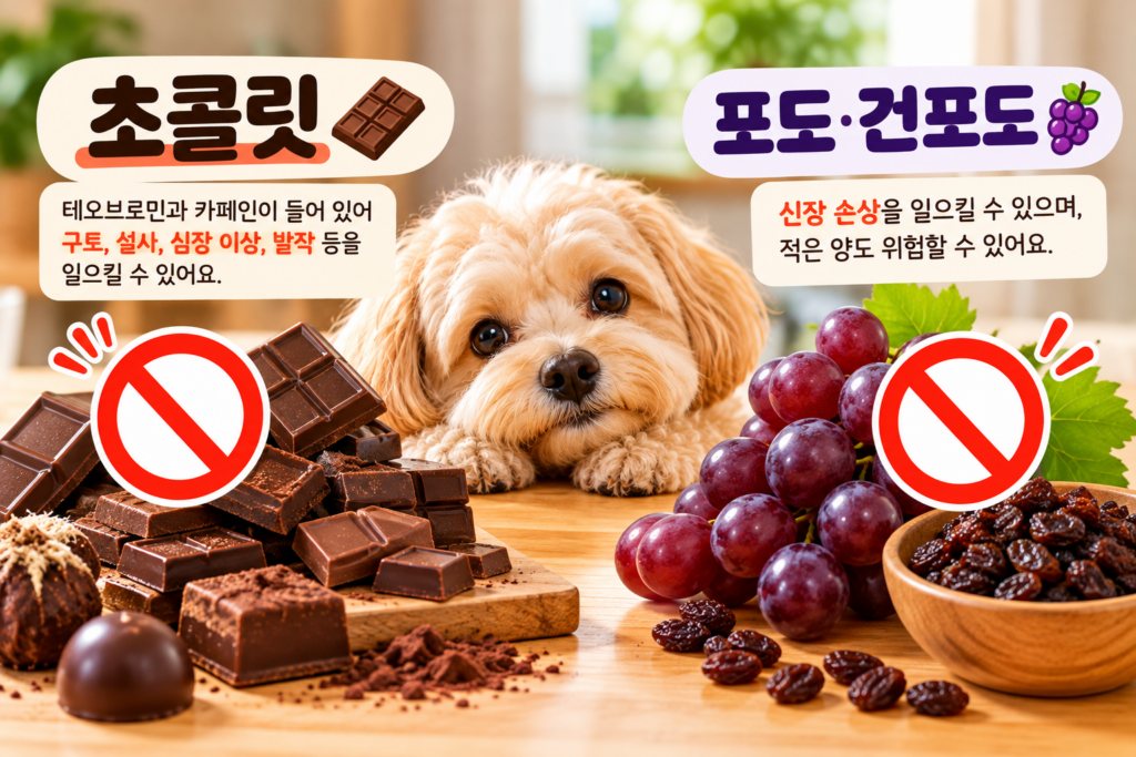 강아지가 먹으면 안되는 음식인 초콜릿과 포도, 건포도의 위험성을 설명하는 이미지